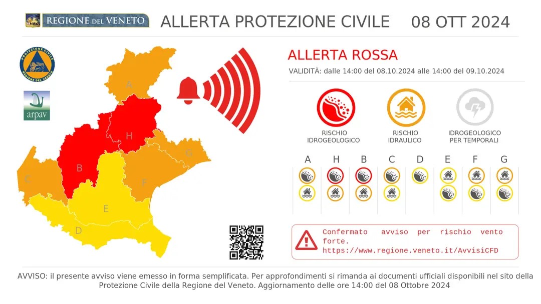 esempio di allertamento attraverso i canali social  con mappa del veneto colorate in base alle zone di rischio
