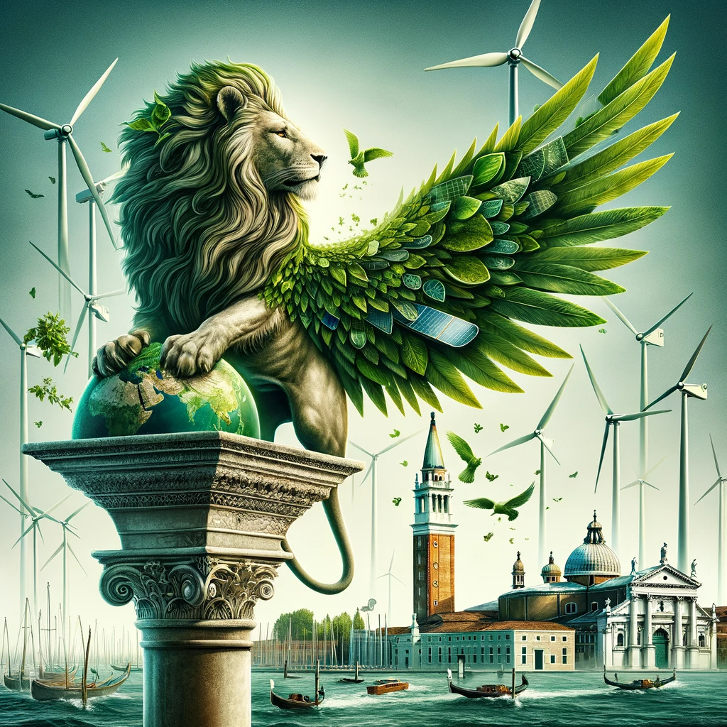 Immagine generata dall’Intelligenza Artificiale che rappresenta “Venezia Capitale Mondiale della Sostenibilità.  Vi è il simbolo del leone alato di San Marco sulla colonna in marmo che prende vita con le zampe sopra un mappamondo e le ali fatte da foglie, sullo sfondo l’Abbazia di San Giorgio Maggiore.