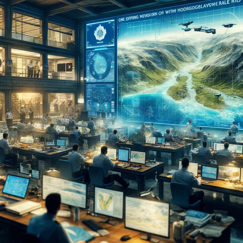 Immagine generata dall’Intelligenza Artificiale che rappresenta una sala operativa con sistemi di monitoraggio del territorio, persone che lavorano al computer e uno schermo gigante sullo sfondo
