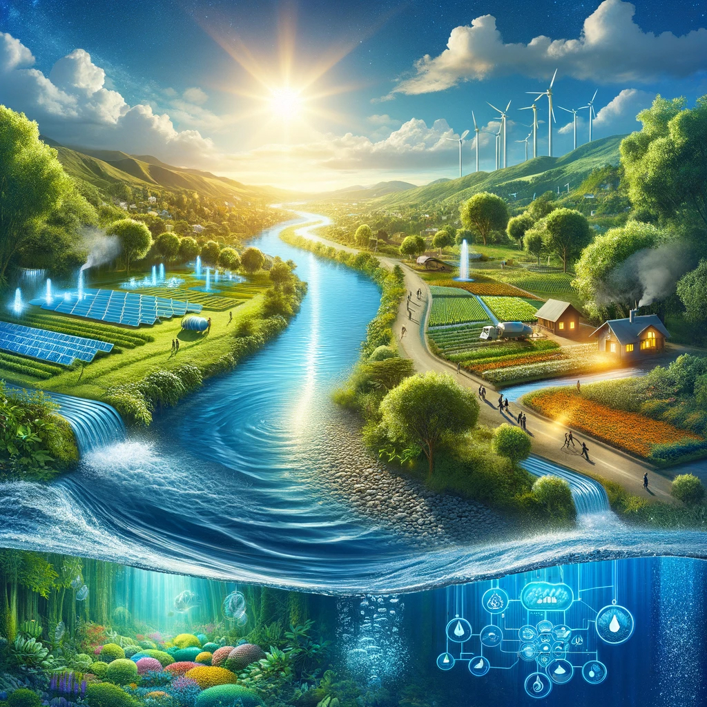 Immagine generata dall’Intelligenza Artificiale che rappresenta un paesaggio collinare con al centro un corso d’acqua fiancheggiato da prati, campi coltivati e pannelli fotovoltaici. Nella parte sottostante un’ambientazione marina.