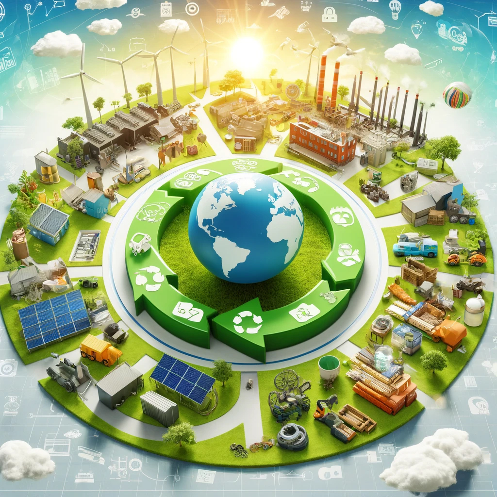 Immagine generata dall’Intelligenza Artificiale che rappresenta il mondo e tutto in circolo i simboli dell’economia circolare, poi un altro anello più esterno con fabbriche, mezzi per la raccolta dei rifiuti, varie tipologie di rifiuti, pannelli fotovoltaici e pale eoliche