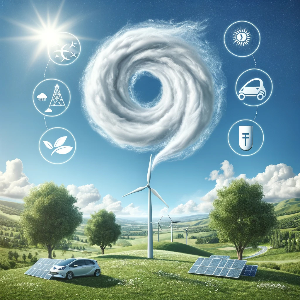 Immagine generata dall’Intelligenza Artificiale che rappresenta l’aria, vi è un vortice che parte da una pala eolica posiziona centralmente su un prato, dove ci sono altre pale eoliche, dei pannelli fotovoltaici un’auto e nel cielo vi sono i simboli dell’energia pulita