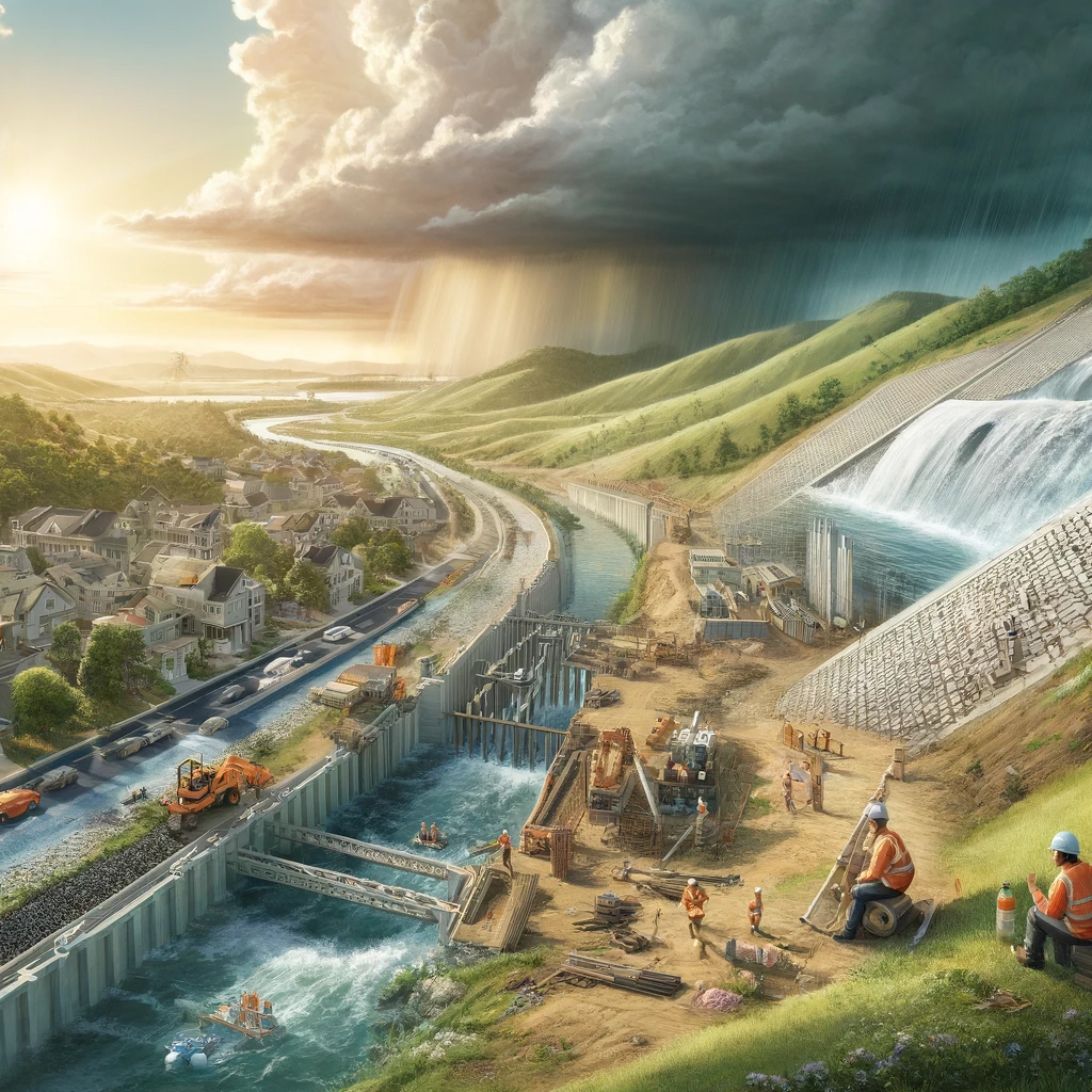 immagine di un paesaggio generato dall’Intelligenza Artificiale con opere di interventi per la difesa dal dissesto idrogeologico. A sinistra un agglomerato di abitazioni, centralmente un corso d’acqua fiancheggiato da una strada, cantieri e operai, a destra e sullo sfondo colline e opere idrauliche