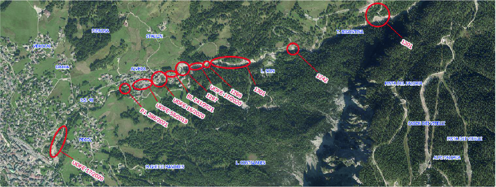 mappa del territorio di cortina con evidenziato gli interventi sul torrente Bigontina