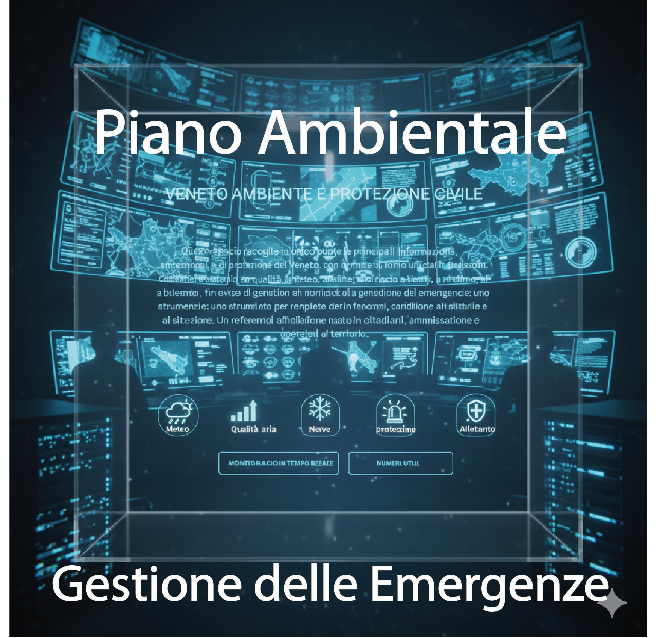 Immagine con ambientazione buia e tre persone di schiena che guardano una parete con schermi di proiezioni e dati previsionali 